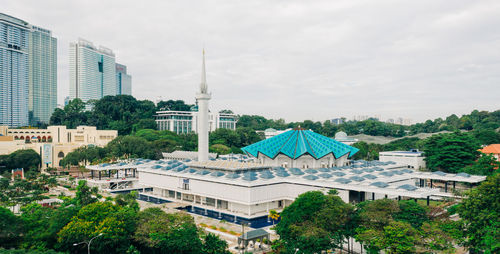 High angle view of buildings against sky