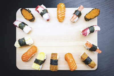 High angle view of sushi served on table