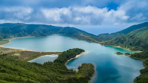 Panoramic view of lake against cloudy sky azores