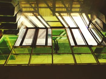 Person standing on glass floor at night