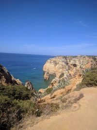 Scenic view of sea against clear blue sky