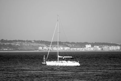 Man sailing sailboat in sea against sky