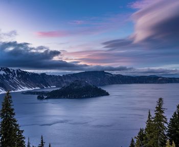 Scenic view of snowcapped mountains against sky during sunset