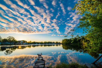 Scenic view of lake against sky at sunset