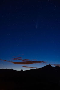 Low angle view of silhouette mountain against sky at night