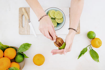 High angle view of woman holding fruits