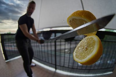 Cutting the lemon with a katana sword