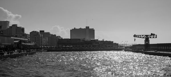 A black and white sunny contrast image of the old port of tel aviv, israel.