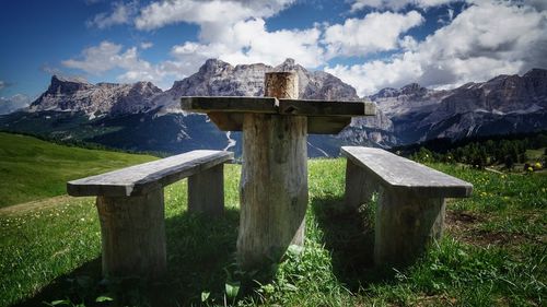 Built structure on landscape against sky