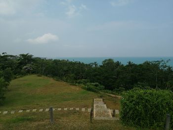 Scenic view of trees by sea against sky