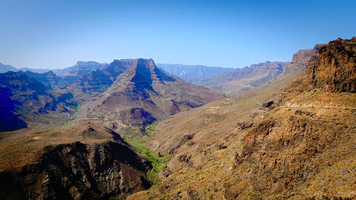 Scenic view of mountains against clear blue sky