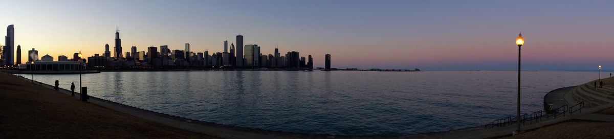 Panoramic view of city at waterfront during sunset