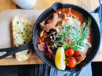 High angle view of breakfast served on table