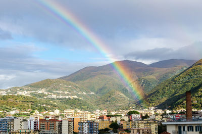 Scenic view of rainbow over landscape against sky
