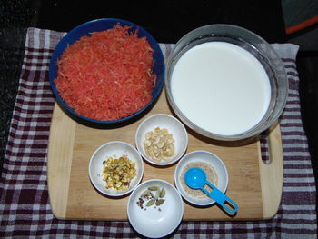 High angle view of breakfast on table