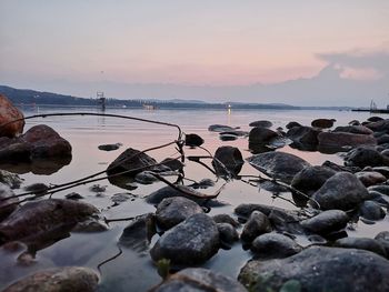 Rocks at sea shore against sky during sunset