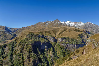 Scenic view of mountains against clear blue sky