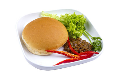 Close-up of burger against white background