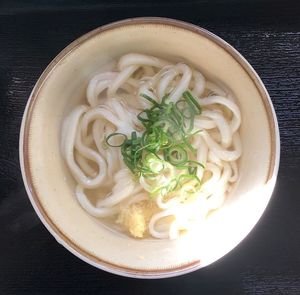 High angle view of soup in bowl on table