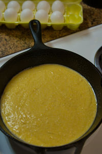 High angle view of soup in bowl on table