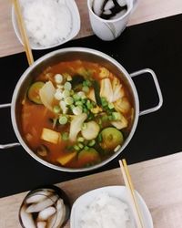 High angle view of soup in bowl on table