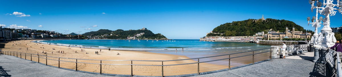 Panoramic shot of sea against clear blue sky