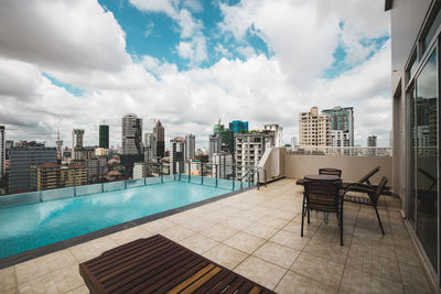 View of swimming pool against buildings in city