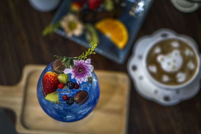 High angle view of breakfast on table