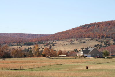 Houses on field against clear sky