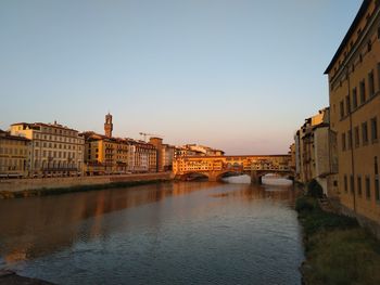 Bridge over river by buildings against clear sky