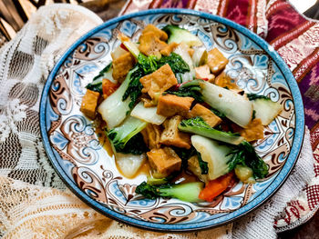 High angle view of food in plate on table