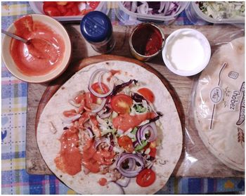 High angle view of meal served on table