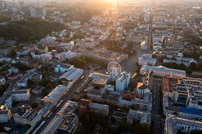 Beautiful sunset over kyiv city from above.