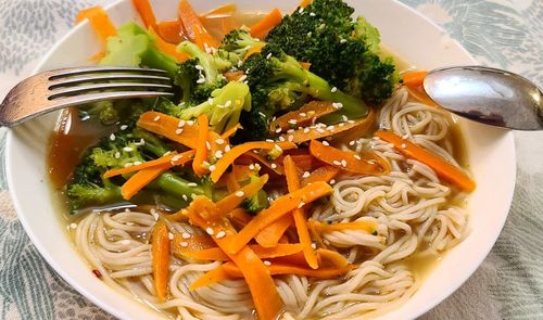 Close-up of pasta in plate on table