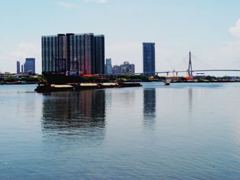 City skyline with river in background