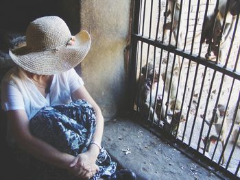 High angle view of woman sitting next to macaque monkeys