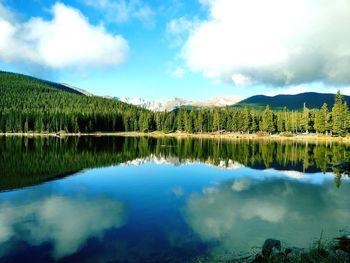 Scenic view of lake in forest against sky