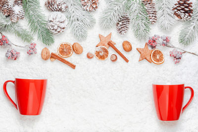 High angle view of christmas decoration on snow