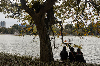 Rear view of people sitting at lakeshore