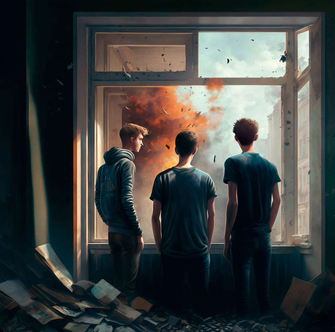 group of people, adult, men, indoors, rear view, standing, architecture, communication, togetherness, young adult, art, window, screenshot, small group of people, darkness