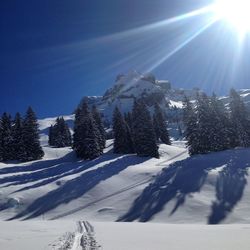 Scenic view of snow covered mountain against clear sky