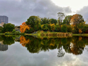 Reflection of trees in lake against sky