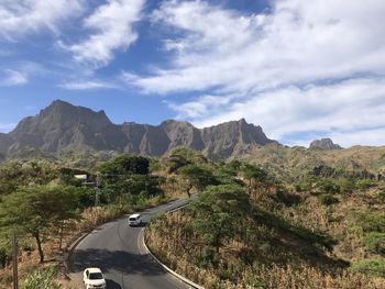 Aerial view of mountain road against sky