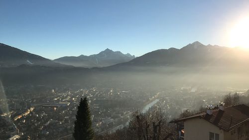 High angle view of mountains against clear sky