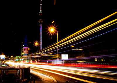 Light trails on road at night