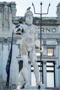 Birds perching on neptune statue fountain with ancient building in background