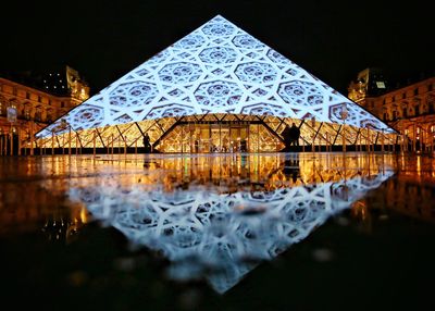 Reflection of building in water at night