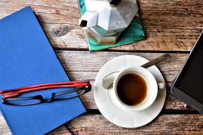 High angle view of coffee on table