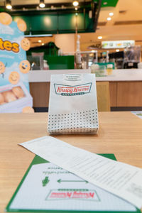 High angle view of open book on table