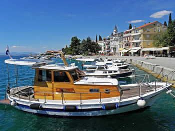 Boats in river with buildings in background